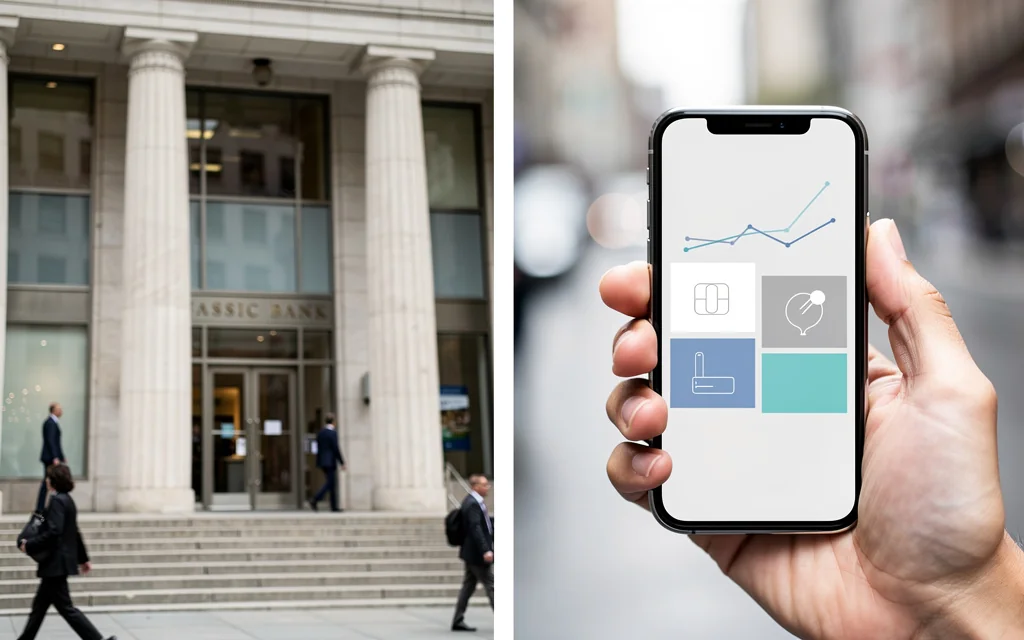 Comparaison entre une agence bancaire traditionnelle irlandaise et une application de néobanque sur smartphone