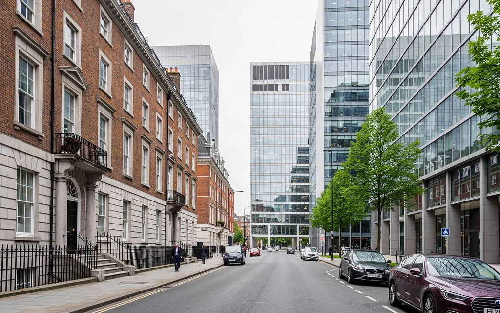 Vue du quartier des docks de Dublin au crépuscule avec immeubles de bureaux modernes le long de la Liffey