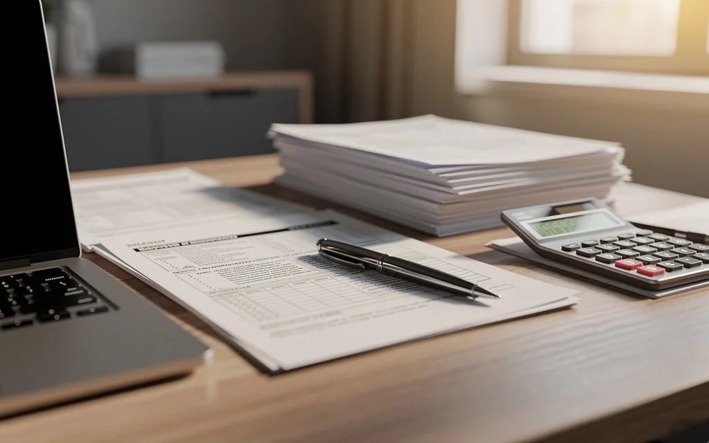Bureau d'un comptable avec documents fiscaux, calculatrice et ordinateur portable posés sur une table en bois